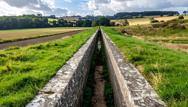 stone drainage ditch in countryside landscape.