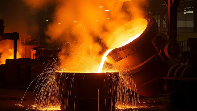 Luminous orange flames and incandescent sparks erupt as molten pig iron is poured from industrial blast furnaces into large round casting ladle vat within a heavy steel manufacturing foundry