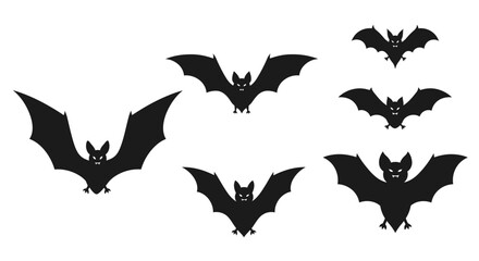 Fototapeta premium Collection of Black Bat Silhouettes Flying in Various Poses, Perfect for Halloween Decorations and Spooky Design Projects, Isolated on White Background