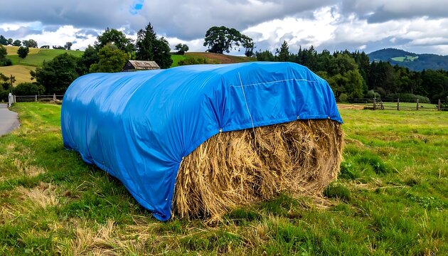 Hay Bale Covered with Blue Tarp.