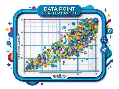 Data point scatter layout visualizes relationship between two exponential variables, showcasing vibrant array of colorful data points. This engaging design highlights trends and correlations