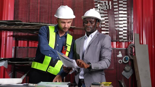 Collaboration between engineers in construction site industrial environment team meeting professional exchange close-up focus