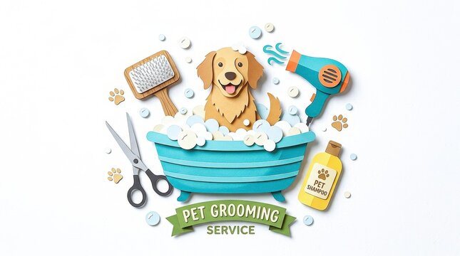 Pet grooming service features playful dog in bathtub filled with bubbles, surrounded by grooming tools like scissors, brush, and hairdryer, creating cheerful atmosphere