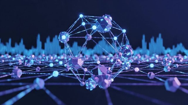 A futuristic network of glowing nodes and lines forms a complex web on a dark background with a sound wave.