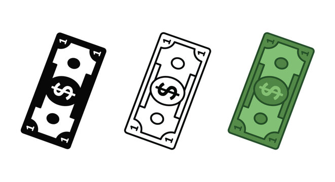 One dollar bill icons black white and green silhouette