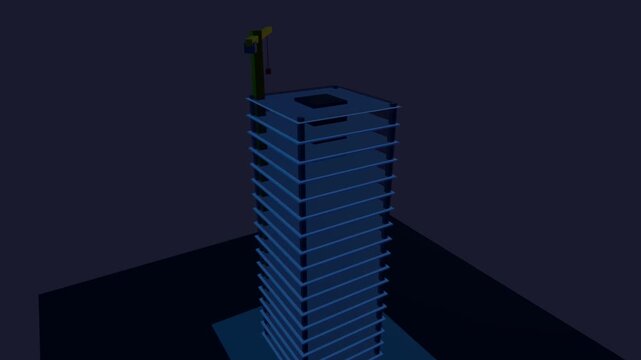 A stylized dark blue rectangular tower with many levels, featuring a small green element on its flat roof in a dim environment.
