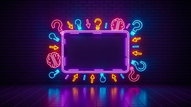 Neon glowing frame with colorful question marks representing curiosity creativity and problem solving concept