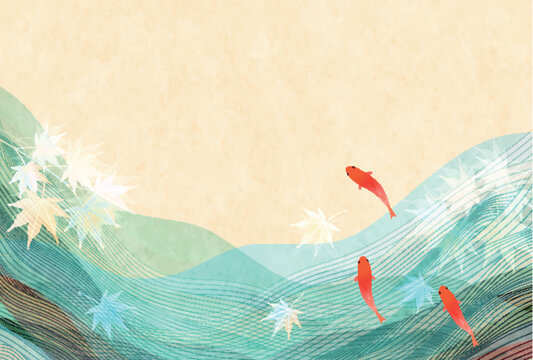 Traditional Japanese Washi Paper Texture with Maple Leaves and Koi Fish