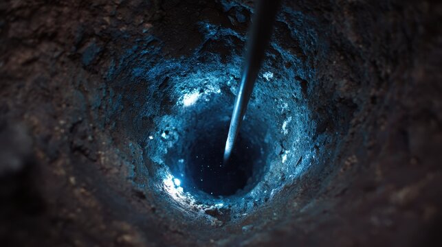 Deep Borehole in the Ground with Glowing Blue Light and Metal Pipe