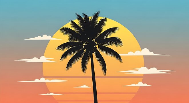 Vintage retro tropical palm tree silhouette at sunset background