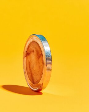 Single bimetallic coin standing upright on its edge against a yellow background for international banking ads, financial marketing and currency exchange services