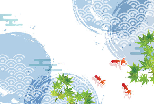 Japanese Summer Background Featuring Goldfish and Green Maple Leaves
