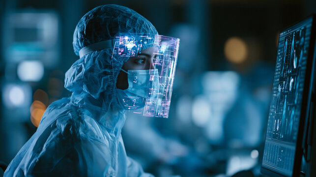 Healthcare worker in PPE using futuristic medical monitor with holographic face shield interface, digital health technology and infection control concept