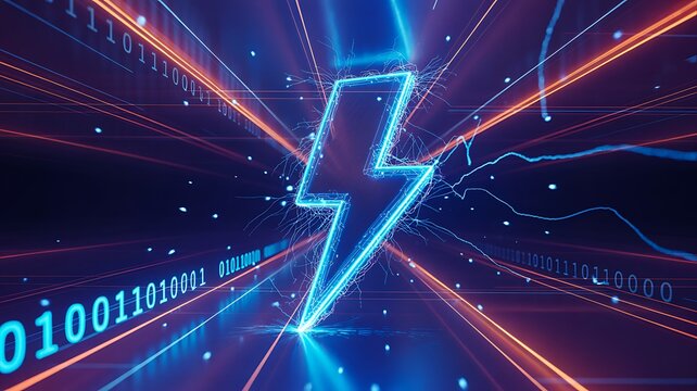 Lightning bolt over digital network with binary code representing fast data transfer and energy technology concept