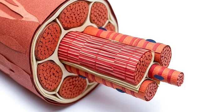 Muscle fiber structure illustration showcasing detailed cross sections of muscle fibers, emphasizing their intricate arrangement and composition. This artistic representation highlights complexity