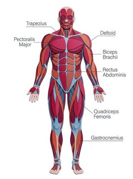Muscular system structure illustration showing detailed anatomy of human muscles, including major muscle groups like trapezius, deltoid, biceps brachii, and quadriceps femoris. This educational