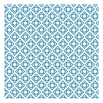 Seamless geometric pattern with teal blue interlocking octagonal stars and linear square shapes on a white background. Traditional Islamic architectural mosaic design tile backdrop.