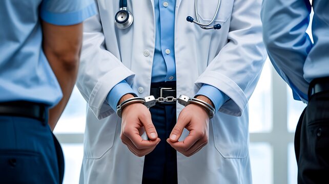 Doctor in handcuffs with police officers representing medical crime malpractice and legal investigation concept