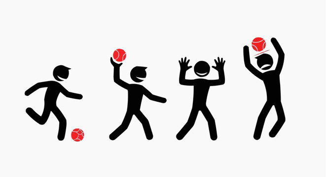Four stick figures demonstrating playful actions with a red ball