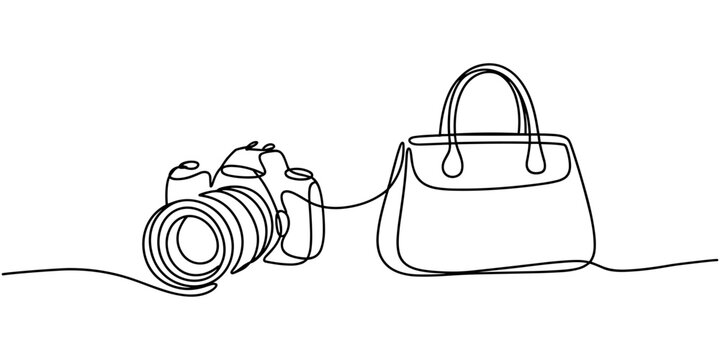 professional camera  with ladies bag in continuous one line drawing style vector, One continuous editable line drawing of a professional camera vector style illustration