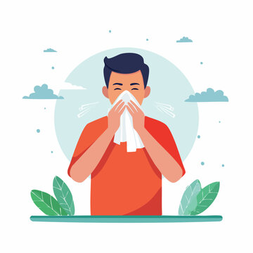 Man sneezing into a tissue, illustration of illness or allergies