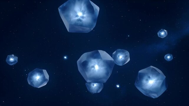 Blue crystal star deep space shimmering light abstract cosmos scene with floating crystal sphere, glowing particle, nebula cluster, shimmering background, and glowing crystal star blue deep space