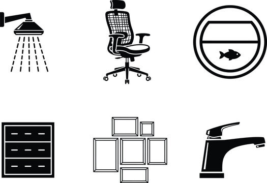 Black and white line icons of office chair no parking fish sign shower head filing cabinet empty picture frames and faucet