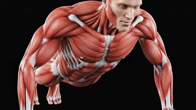 3D medical illustration of human male muscular system performing a push up exercise against a black background
