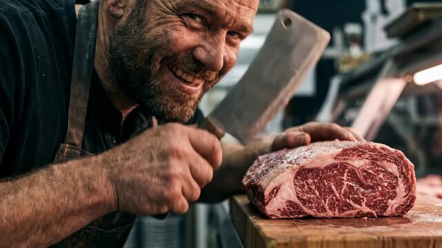 Man slicing ribeye steak in butcher shop sequence. Professional male butcher cuts raw beef with knife on wooden board. Culinary preparation and meat handling process in food industry