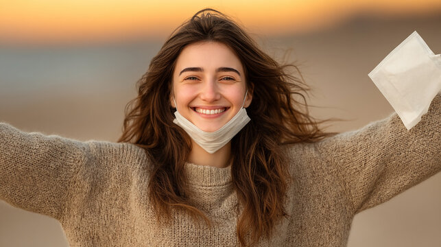 Happy young woman with face mask pulled down outdoors celebrating freedom, arms outstretched