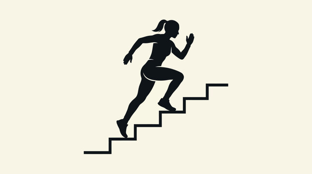 Silhouette of a woman running up stairs in a dynamic motion vector illustration