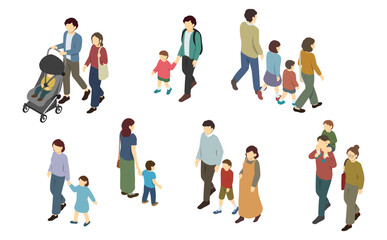 Fototapeta na wymiar アイソメトリックイラスト：歩く子供がいる家族セット