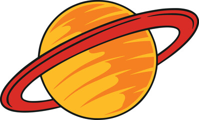 Stylized yellow ringed planet icon with red orbit ring and bold black outline, isolated on white as a space, astronomy, or solar system illustration © Galih