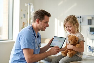 Obraz premium A male doctor crouching to reassure a young girl holding a teddy bear in a clinic room.