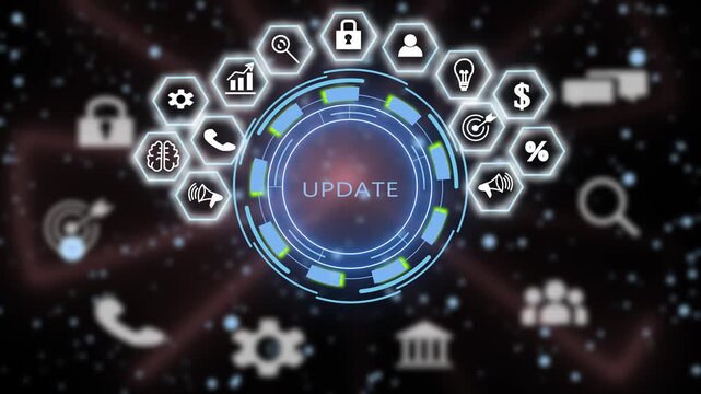 Digital system update interface featuring animated hud cyber security global network connectivity, data processing hud, and futuristic software upgrade technology concept