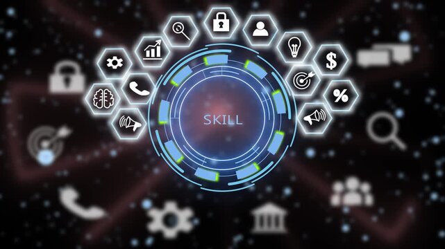 Digital skill development concept featuring animated hud interface with business and growth strategy symbols for corporate training and career advancement presentations