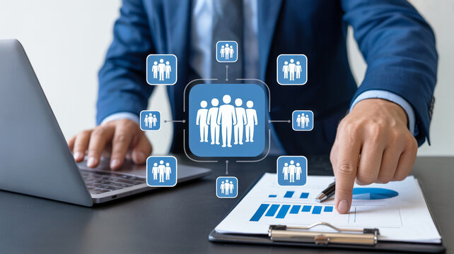 Business professionals analyzing growth charts and team management, digital connection visualization