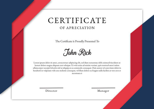 Modern certificate of appreciation template with a clean white background and bold geometric borders featuring overlapping red and navy blue diagonal shapes in the corners.