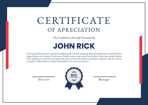 Landscape certificate of appreciation template with navy blue geometric corner shapes, red vertical stripe accents, circular best award seal with stars, and formal signature lines.