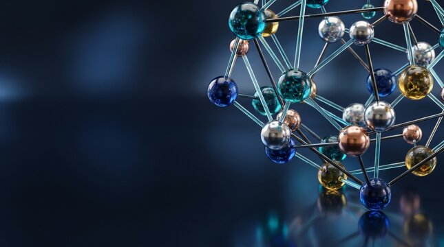 AI generated medical backdrop with an abstract molecule positioned on the right and copy space for design. 3D rendering on a glass background.