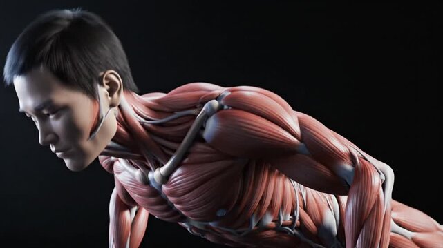 3D medical illustration of human muscular system showing an Asian male performing push ups on black background
