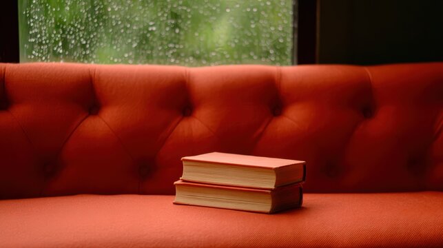 Two closed books rest on an orange tufted couch with a rainy window in the background, creating a cozy and serene atmosphere.