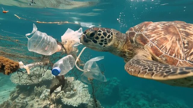 Sea turtle swimming through ocean filled with plastic debris, approaching floating waste near coral reef, marine pollution awareness concept, 4K video