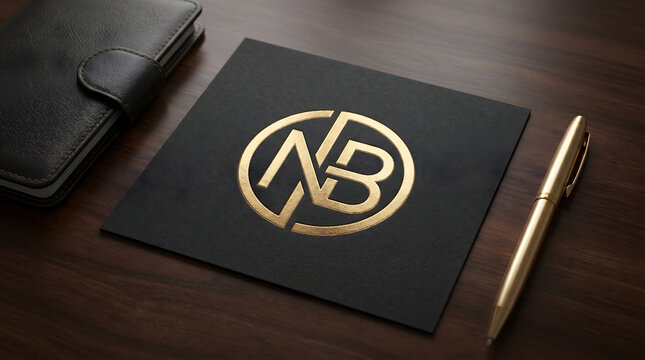 A luxurious gold monogram logo with the letters 'NB' inside a circle, placed on a black square card, next to a leather notebook and a golden pen on a wooden desk.