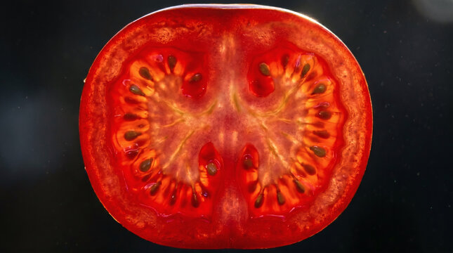Backlit slice of ripe red tomato showing seeds and translucent flesh on dark background for macro food study