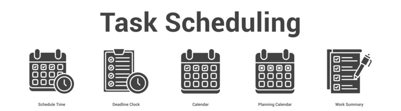 Task Scheduling web banner icon set vector illustration concept for business with icon of Schedule Time, Deadline Clock, Calendar, Planning Calend.