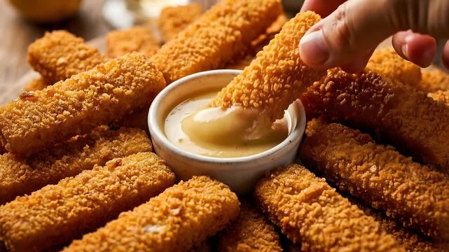 Hand Dipping Golden Breaded Fish Finger into Glossy Pale Yellow Lemon Butter Dipping Sauce, Slow Motion Macro Close-Up for Food Campaign