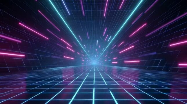 Vibrant digital neon tunnel background, a futuristic grid path leading forward through cyberspace