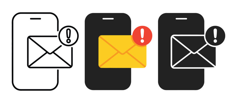 smartphone notification illustration with warning symbol and envelope design, modern communication concept isolated on a clean white background.Email notification graphic, smartphone screen with mes
