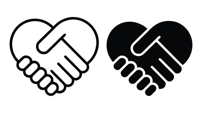 Teamwork handshake illustration, heart symbol combined with joined hands in clean monochrome design, ideal for charity, collaboration, and relationship concepts.